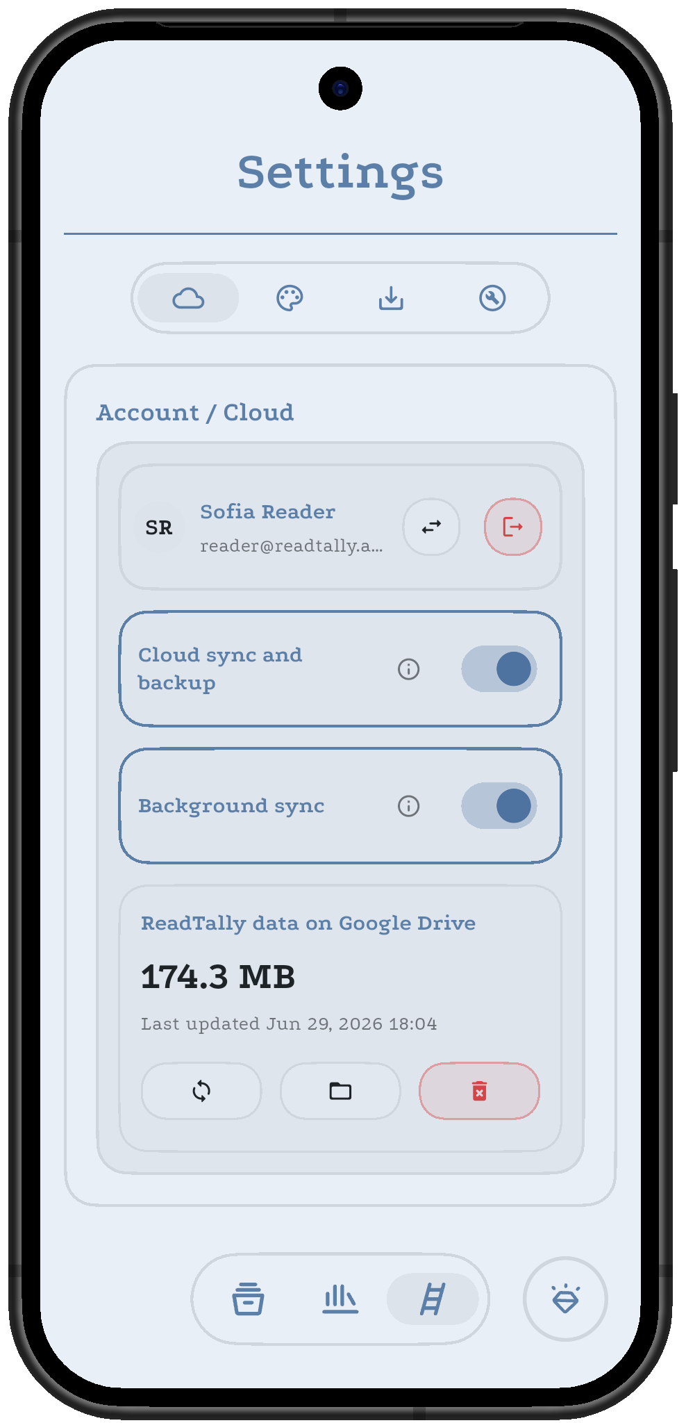 ReadTally cloud sync settings